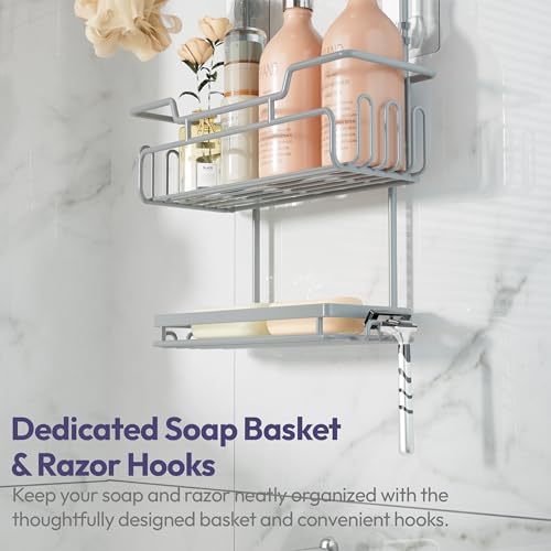 SWTYMIKI Bathroom Shower Caddy Hanging - 3 Tier Rustproof Over Shower Head Organizer, No Drilling Bathroom Shelf with 16 Hooks & Soap Holder, Anti-Swing Rack for Shampoo,Sponge,Towel, Silver, Medium Silver-3 Tier-Medium