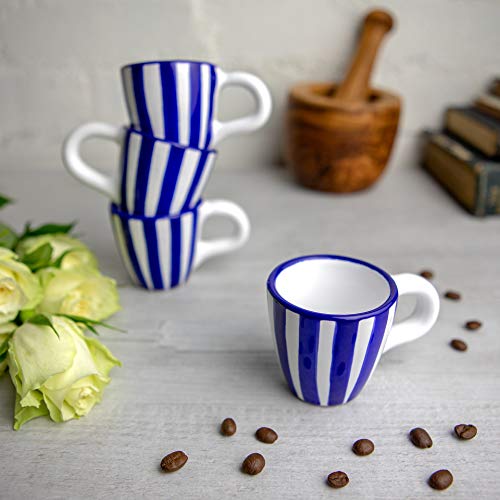 City to Cottage Ceramic Espresso Cups of 4, Small Expresso Shots, Demitasse, Perfect for Espresso Machine, Handcrafted Cups (Navy Blue Stripe Coastal)