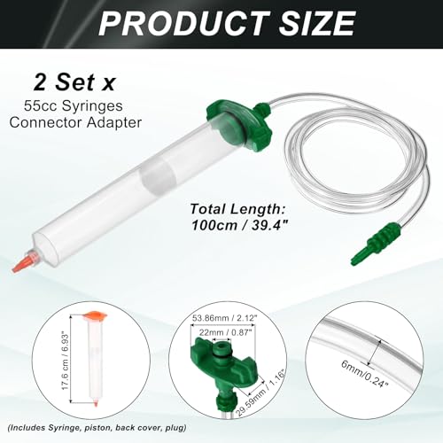 uxcell 55cc glue dispenser syringe kit with clear tubing, connector adapters, piston, end cap, and top hat in green