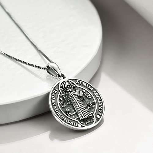 CRMAD Saint Benedict Necklace Sterling Silver Saint Benedict Cross Protection Pendant Christian Jewelry for Women Men