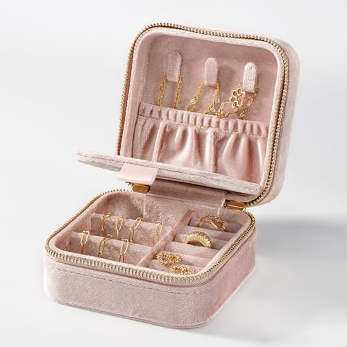 Luxury Travel Jewelry Case - Plush Velvet Jewelry Box - Travel Jewelry Organizer with Mirror - Gifts for Women, Mom, Wife, Girlfriend, Her – Petal Pink