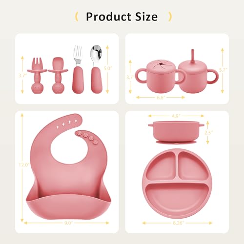 Pink Bufims 9-piece silicone baby feeding set with flatware for baby led weaning, includes utensils and bowls.