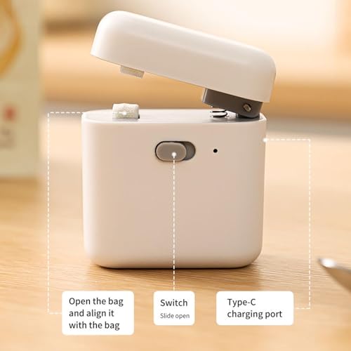Mini Bag Sealer, Snack Sealer, Mini Bag Heat Sealer, USB Interface, Snack Bags, Cookies, Pet Food Square White