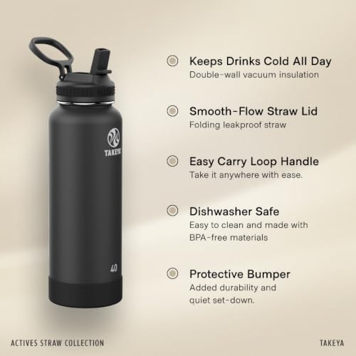 Takeya 64 oz Actives Stainless Steel Water Bottle with Straw Lid – Leakproof, Double-Wall Insulated, Keeps Drinks Cold 24 hrs/Hot 12 hrs, BPA-Free, Powder-Coated, Gym & Travel, Onyx 64 Ounces