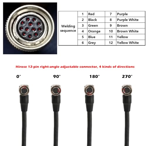 Hirose 12-Pin Power IO Data Cable for Basler GigE, Sony CCD Industrial Camera, HikRobot, Allied AVT, Panasonic, Jai, Dalsa, Right-Angle HR10A-10P-12S, 2m