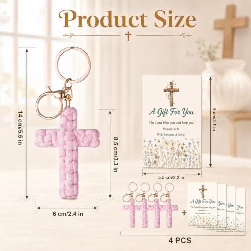 4 PCS First Holy Communion Gifts for Girls, Hand-Knitting Cross Keyring with Baptism Card, Christian Gifts for Christian Believers