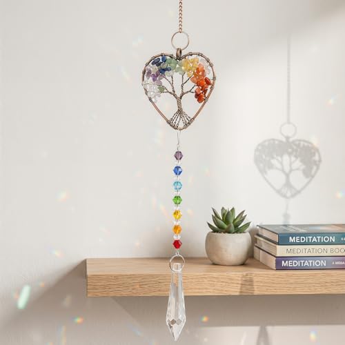 Tree of Life Crystal Sun Catcher, Natural Quartz Gemstone Pendant for Windows, Rainbow Maker & Chakra Healing Decor, Spiritual Gift for Women, Garden & Home Decoration (41cm) 41cm