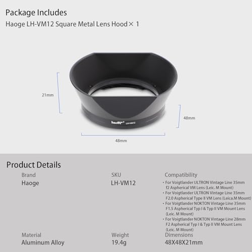 Haoge LH-VM12 Bayonet Square Metal Lens Hood Shade for Voigtlander 35mm f2 1:2/35 Ultron Aspherical Vintage Line VM Lens Replace LH-12