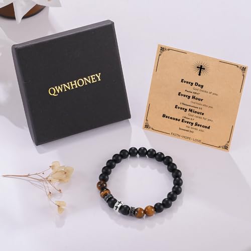 QWNHONEY Cross Bracelet for Men Son Brother Boyfriend Father Dad Husband Father's Day Birthday Christian Religious Faith Graduation Anniversary Christmas Jewelry Gift for Man Be Strong Be Brave Be Fearless