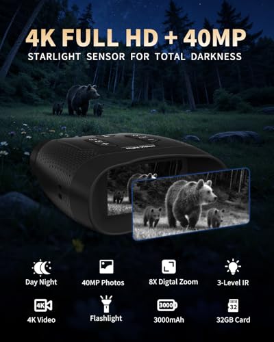 Night Vision Binoculars for Adults, 4K Night Vision Goggles with 3" HD Screen, 8X Digital Zoom, Rechargeable Device with 32GB Card for Camping & Outdoor Exploration 32GB 3000mAh
