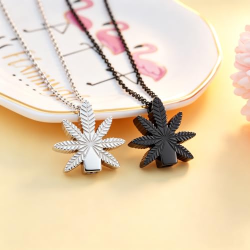 Marijuana Leaves Urn Necklaces for Ashes Cannabis Leaves Cremation Jewelry for Ashes Holder Stainless Steel Memorial Keepsake Jewellery Black