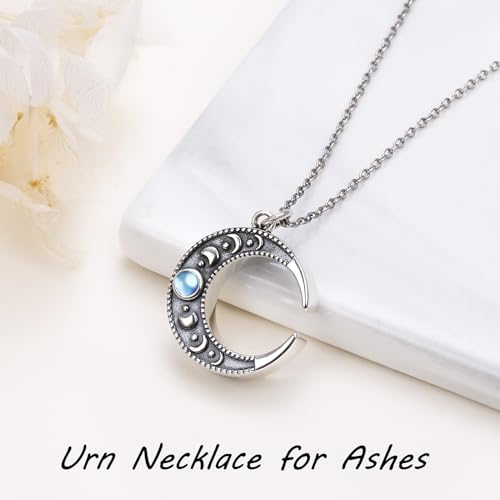 Moonstone Urn Necklace for Ashes - 925 Sterling Silver Plated Crescent Moon Phase Charm Circle Pendant for Women - Ashes Keepsake Memorial Jewelry