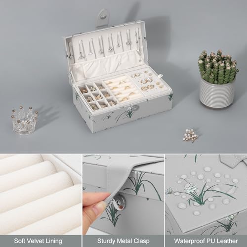 DesignSter 2 Layer Large Jewelry Box for Women, Leather Jewelry Organizer with Removable Jewelry Tray, Jewelry Storage Case for Necklaces Earrings Bracelets and Rings（Orchid） Orchid