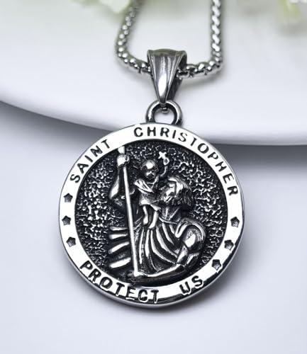 Wasee St Michael/St Christopher Medal Pendant Necklace for Men Religious Amulets Jewelry Gifts with 22"+2" Rolo Chain B01-Saint Christopher