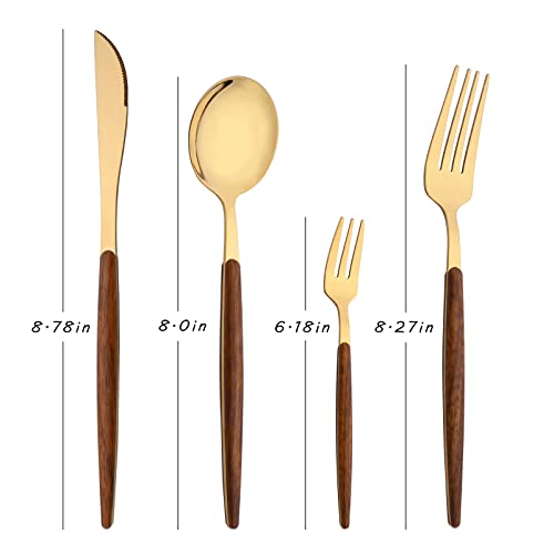 16-Piece Silverware Set with Cake Fork, Gold Stainless Steel Flatware Cutlery Set, Eating Utensils Set with Wooden effect Handle, Include Knife Fork Spoon, Mirror Polished, Dishwasher Safe Brown Gold