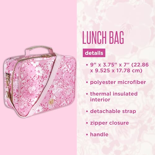 Lilly Pulitzer insulated lunch bag in Conch Shell Pink with Burst of Joy pattern, designed for keeping food fresh.
