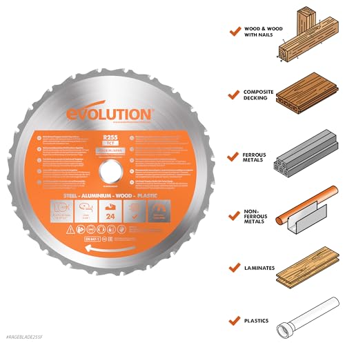 Evolution Power Tools R210TCT-24T (Rage) Multi-Material TCT Blade Cuts Wood, Metal and Plastic, 210 mm