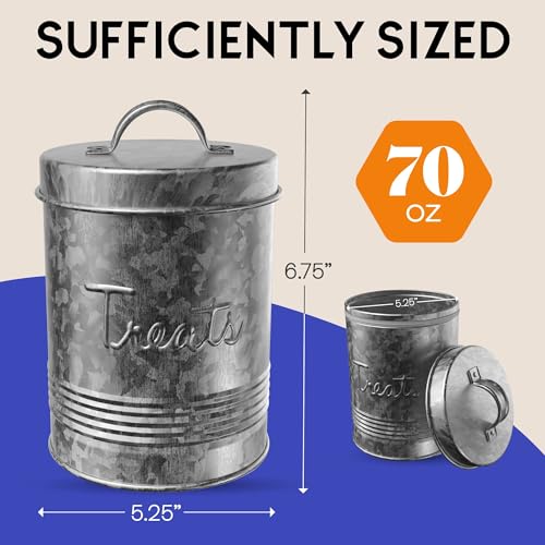 Amici Pet, Retro Treats Galvanized Relief Lettering Metal Storage Canister, Food Safe, Push Top, 72 Ounces (Pack of 2) Large/72 oz (Pack of 2)