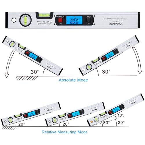 Inclinometer, RISEPRO Digital Inclinometer Angle Finder Gauge Spirit Level Upright Magnet 360° Range 416mm Long with Backlight 82112 S Silver