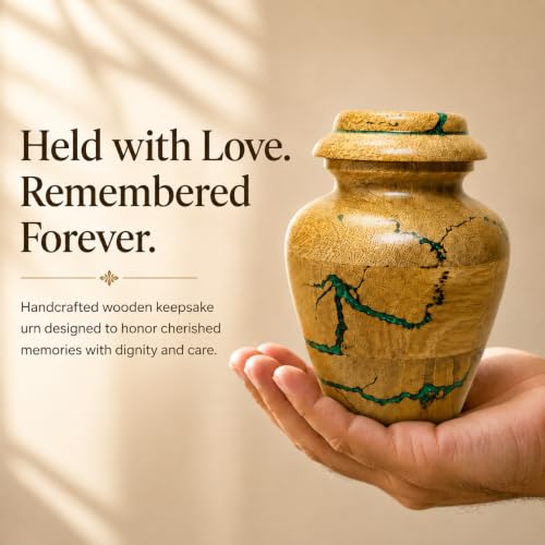 Wooden Keepsake Cremation Urns for Human Ashes, Handmade Mango Wood Urn with Green Resin Inlay, Decorative Funeral Box, Small 20 Cubic Inches Small 20 Cu/In