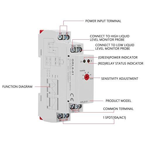 Water Level Relay GRL8-01 Liquid Level Control Water Level Controller AC/DC 24V-240V (50-60Hz), 35mm DIN Rail