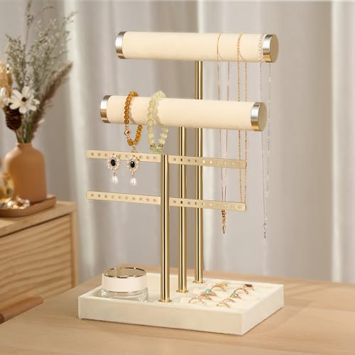 bussdis 3 Tier Bracelet Holder Display - Detachable T Bar Beige Velvet Bracelet Holder, Jewelry Holder Organizer for Bracelet, Necklace, Earrings, Rings Standard