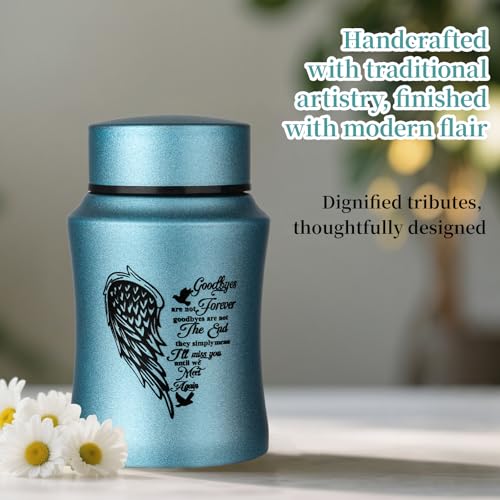 4.5 Inches Small Urn for Human Ashes, Heart Angel Wings Cremation Urn Stainless Steel Memorial Keepsake Urn Human Ashes Container - Satin Blue