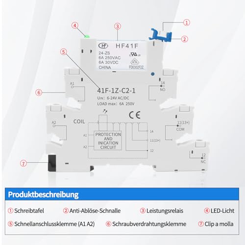 (10 pcs) 24 V Relay for DIN Rail, 6 A 250 VAC/30 VDC, 5 Pin Slim, ReleyWell | PLC/SPS power relay HF41F/24-ZS, SPDT, with plug-in base, 24V AC/DC coil voltage, electromagnetic relay, DIN rail 24V-10