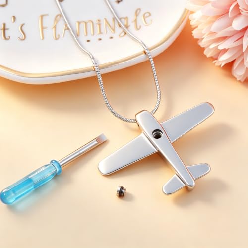 Airplane Ashes Necklace Aircraft Cremation Urn Necklace for Ashes Pendant Stainless Steel Keepsake Memorial Jewelry for Women Men Silver