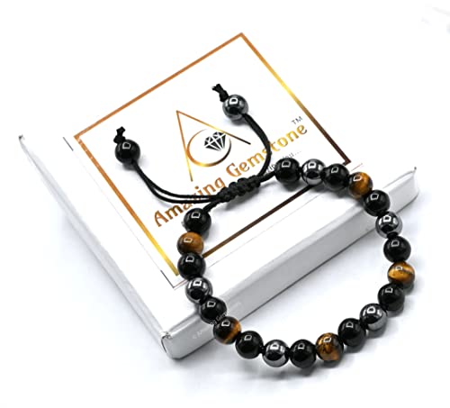Amazing Gemstone Triple Protection Bracelet - Hematite Black Obsidian Tiger Eye Bracelet Set for Men Women Healing Calming Anxiety Stress Relief Gifts (Adjustable)
