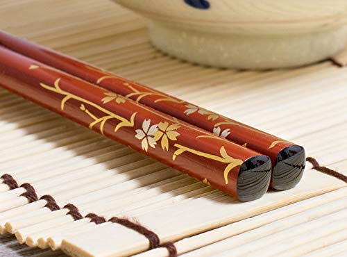 Wajima Urushi Lacquered Wooden Chopsticks & Rest Set in Gift Box: Red Sakura (Cherry Blossom) Chopsticks with Kurashiki Ribbon Rest [Made in Japan]