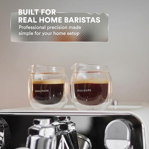 ovalware Espresso Pouring Glass Set of 2 | Double-Wall 2.7oz/80ml Shot Measuring Cup | Heat Protective Comfort | Oval Measurement Dots for Ristretto and Espresso | Drip-Free Precision Spout