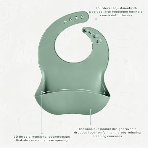 Green silicone baby feeding set with 10 flatware pieces including spoons, forks, and bowls from JELLDJK.