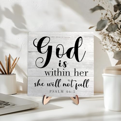 Christian Inspirational Wooden Sign,Bible Verse Psalm 46:5 Wood Plaque Sign, God is Within Her, She Will Not Fail, Christian Decor Bible Verses Sign for Home Office Desk Decor, 5.9x5.9Inches (Grey) Grey