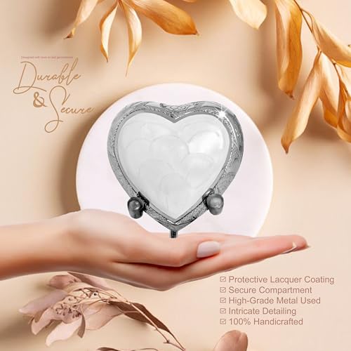 White Heart Keepsake Urn for Human Ashes – Handcrafted Brass Mini Urn with Stand, Velvet Bag & Gift Box – Enamel-Coated Small Memorial Urn for Baby, Pet or Loved One – Decorative Funeral Keepsake White