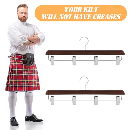 DoubleFill 2 Pcs Kilt Hanger 20 Inches Wooden Duty Skirt Hangers with 4 Clips for Closet (Nut Brown) Nut Brown