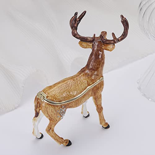 Hand Painted Enamel Christmas Reindeer Trinket Box, Hinged Jewelry Organizer Storage, Unique Home Decor Keepsake Collectible Figurine, Personalized Decoration Ornament Gifts (Brown Reindeer) Brown Reindeer