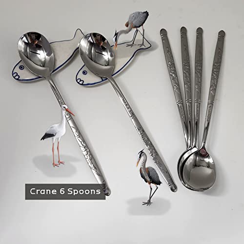 [6 P][Made in Korea] Korean Style Soup Spoon 8.5 inch Premium 430(18/0) Stainless Steel Dessert Spoons Dinner Spoon, Table Spoon, Rice Spoon Ice Cream Scoop (Crane) Crane