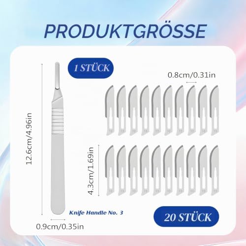 Pack of 20 Scalpel Blades No.10 with Scalpel Holder Stainless Steel No. 3 Sterile | Disposable carbon steel blades, extremely sharp cutting edge, individually wrapped, suitable for crafts, model making, hobby