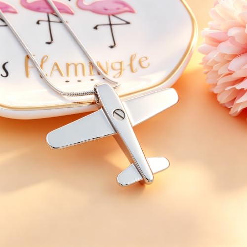 Airplane Ashes Necklace Aircraft Cremation Urn Necklace for Ashes Pendant Stainless Steel Keepsake Memorial Jewelry for Women Men Silver