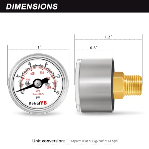 AetralYB mini 1-inch dry pressure gauge, 0-150 PSI, stainless steel case, 1/8 NPT back mount