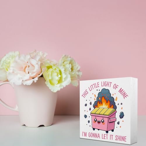 Pink Office Decor Dumpster Fire Wooden Box Sign Plaque Table Decorations for Home Workplace 5 x 5 inches Humorous Gift for Any Occasion I'm Gonna Let It Shine - 02