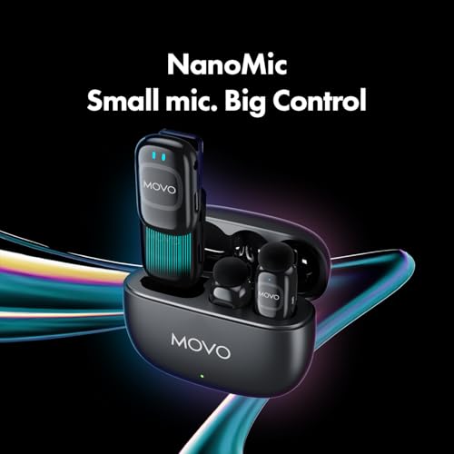 Movo NanoMic Wireless Lavalier Microphone for Camera – Clip-On TRS Wireless Mic System for DSLR, Camcorders, and Mirrorless Cameras – Dual Microphones with Charging Case for Video, Interviews