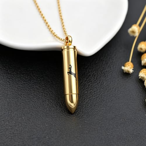SIYUU Bullet Cremation Jewelry for Ashes Vial Deer Engraved Urn Necklace Stainless Steel Ash Container Keepsake Pendant Memorial Jewelry for Men Women Gold-Dad