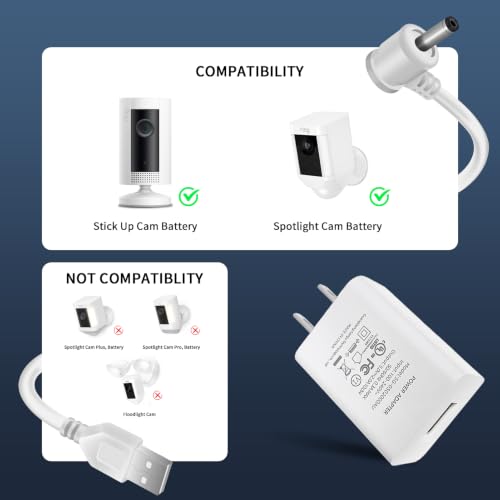 Charge Cords 30ft for Ring Weatherproof Indoor Outdoor Charging Cable with Quick 2Amp Power Adapter for Ring Stick Up Cam Battery 3rd Gen/2nd Gen & Spotlight Cam Battery (White,2 Pack) 2 Pack(30FT) White-For Ring
