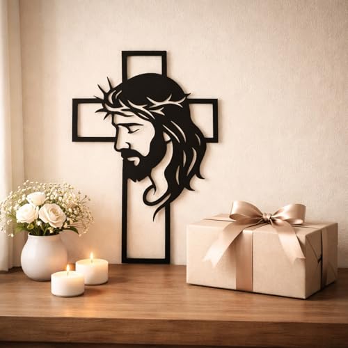 WNXURT Father’s Day Christian Gift, Jesus Cross Metal Wall Art, Religious Wall Sculpture, Christian Faith Decor for Home, Church, Prayer Room, Black, 12.59 x 9.84 Inch Black Jesus Cross