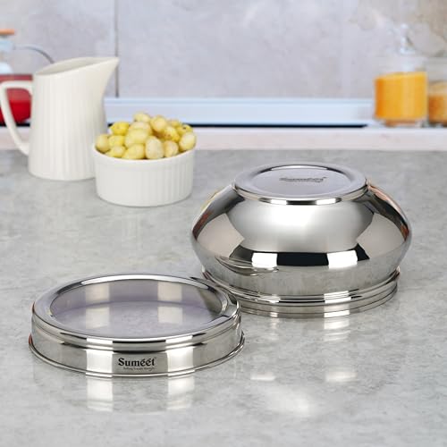 Sumeet Stainless Steel Handi Shape Big Size Canisters/Dabba/Storage Containers Set for kitchen with Transparent See Through Lid, 14.5cm Dia, 1400ml, Pack of 1, Silver, CTHDPD2-1PC 1400ml, 1 pcs