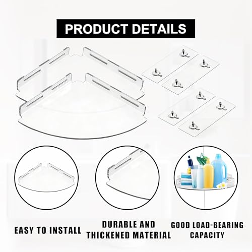 Two acrylic corner shower caddies from MOSIOBERDAVIAN, no-drill bathroom storage shelves, shown installed in a shower.
