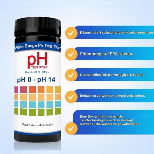 Pack of 200 pH Test Strips 0-14 for Water, Urine, Aquarium & Pool | pH value test strips with four-color litmus paper. High precision measurement in 30s. Ideal for laboratory, pool & aquarium.