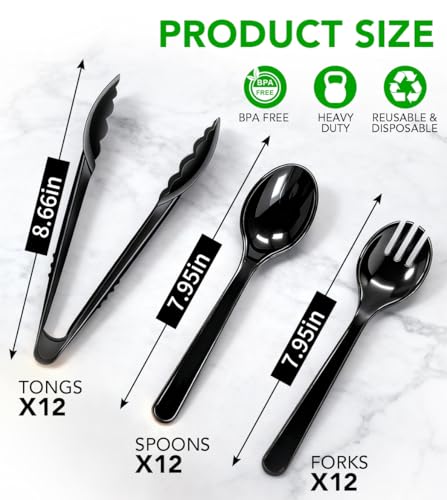 36 PCS Plastic Serving Utensils, Disposable Serving Spoons Forks Tongs for Buffet Serving Utensils Set for Parties Black Serving Utensils for Restaurant Dinner Salad Noodles Soup